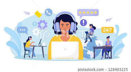 Customer support. Contact us. Woman with headphones and microphone with laptop talking with clients. Personal assistant service, hotline operator advises customer, online global technical support Customer support. Contact us. Woman with headphones and microphone with laptop talking with clients. Personal assistant service, hotline operator advises customer, online global technical support 128403225