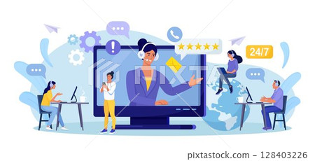 Customer support. Contact us. Woman with headphones and microphone talking with clients on screen. Personal assistant service, hotline operator advises customer, online global technical support Customer support. Contact us. Woman with headphones and microphone talking with clients on screen. Personal assistant service, hotline operator advises customer, online global technical support 128403226