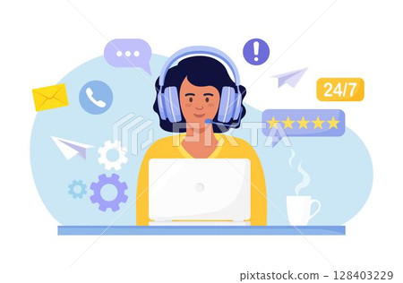 Customer support. Contact us. Woman with headphones and microphone with computer talking with clients. Personal assistant service, hotline operator advises customer, online global technical support 128403229