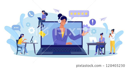 Customer support. Contact us. Woman with headphones and microphone talking with clients on laptop screen. Personal assistant service, hotline operator advises customer, online global technical support Customer support. Contact us. Woman with headphones and microphone talking with clients on laptop screen. Personal assistant service, hotline operator advises customer, online global technical support 128403230
