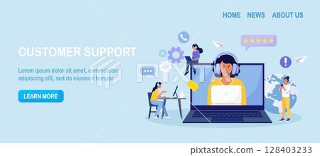 Customer support. Contact us. Woman with headphones and microphone talking with clients on laptop screen. Personal assistant service, hotline operator advises customer, online global technical support 128403233