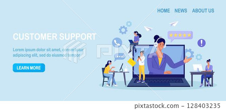 Customer support. Contact us. Woman with headphones and microphone talking with clients on laptop screen. Personal assistant service, hotline operator advises customer, online global technical support 128403235