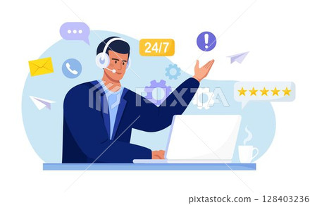 Customer support. Contact us. Man with headphones and microphone with computer talking with clients. Personal assistant service, hotline operator advises customer, online global technical support 128403236