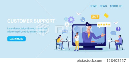 Customer support. Contact us. Woman with headphones and microphone talking with clients on laptop screen. Personal assistant service, hotline operator advises customer, online global technical support 128403237