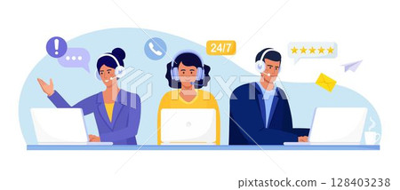 Customer service online. Hotline operator with headphones and microphone advises customers. Call center, client assistance. Live chat technical support 128403238