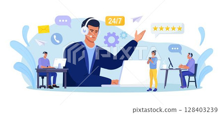 Customer support. Contact us. Man with headphones and microphone with laptop talking with clients. Personal assistant service, hotline operator advises customer, online global technical support 128403239