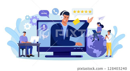 Customer support. Contact us. Man with headphones and microphone talking with clients on computer screen. Personal assistant service, hotline operator advises customer, online global technical support Customer support. Contact us. Man with headphones and microphone talking with clients on computer screen. Personal assistant service, hotline operator advises customer, online global technical support 128403240