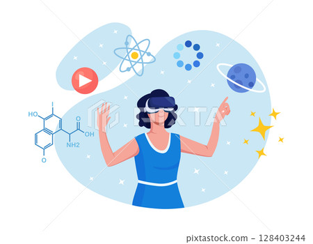 Cyberspace. Metaverse Digital Virtual Reality Technology. Innovation Interactive Education at Home. Woman in VR Glasses and Headset Learning and Touching Elements of Simulation. Cyber Technology Cyberspace. Metaverse Digital Virtual Reality Technology. Innovation Interactive Education at Home. Woman in VR Glasses and Headset Learning and Touching Elements of Simulation. Cyber Technology 128403244