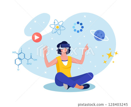 Cyberspace. Metaverse Digital Virtual Reality Technology. Innovation Interactive Education at Home. Woman in VR Glasses and Headset Learning and Touching Elements of Simulation. Cyber Technology Cyberspace. Metaverse Digital Virtual Reality Technology. Innovation Interactive Education at Home. Woman in VR Glasses and Headset Learning and Touching Elements of Simulation. Cyber Technology 128403245