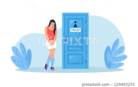 Woman suffer from cystitis or urinary infection, standing at the closed toilet door and want to pee. Female character suffering from diarrhea, hemorrhoids, constipated. Person with bladder disease Woman suffer from cystitis or urinary infection, standing at the closed toilet door and want to pee. Female character suffering from diarrhea, hemorrhoids, constipated. Person with bladder disease 128403255