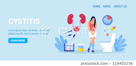 Woman with bladder disease, incontinence. Urinary Tract Infections, Cystitis. Female Character Suffering from Pain during Urination. Treatment of Urethritis, Genital Infection. Nephrology, Urology 128403256