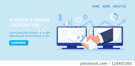 Businessman is shaking hands with an AI robot. Partnership between man, humanoid robots. Online collaboration between human, artificial intelligence. Contract with cyborg, future machine 128403260
