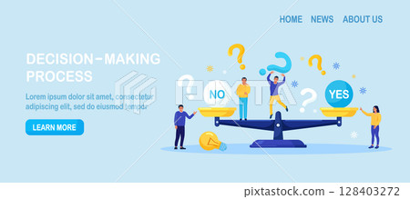 Businessman standing near big scales with No and Yes signs. 128403272