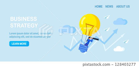 Search for new business idea, opportunity, inspiration. Businessman flying in hot air balloon as light bulb. Person using spyglass, telescope looking for vision, future. Innovation successful project Search for new business idea, opportunity, inspiration. Businessman flying in hot air balloon as light bulb. Person using spyglass, telescope looking for vision, future. Innovation successful project 128403277
