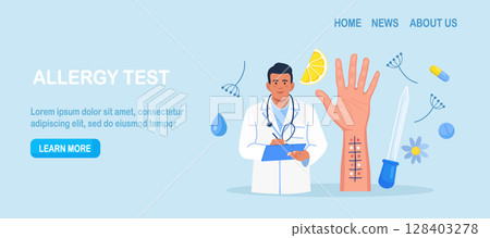 Allergy test. Patient hand with incisions for testing for allergens. Laboratory equipment for analysis. Allergic reaction. Allergology, immunology 128403278