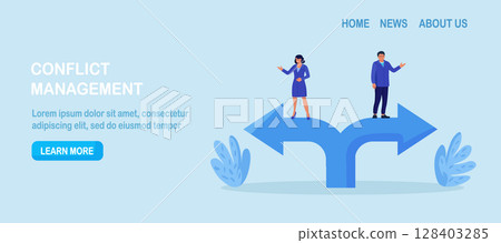 Different business direction, team conflict. Opposite decision, disagreement. Conflict of interest. Business people confrontation. Businessmen standing on arrows in opposite positions Different business direction, team conflict. Opposite decision, disagreement. Conflict of interest. Business people confrontation. Businessmen standing on arrows in opposite positions 128403285