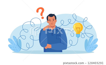 Confused man thinking about idea, finding solutions. Problem solving skill, creativity to solve difficult issue. Human thoughts process, strategic thinking to create and develop solution 128403291