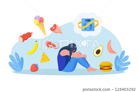 Eating disorders as psychological illness. Excessive weight control. Depressed woman worries about being overweight. Addiction to slimming, mental guilty feeling. Overeating, bulimia, anorexia 128403292