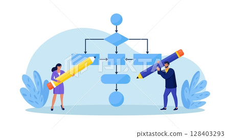 Business people drawing workflow process diagram. Businessmen creating optimization scheme, flowchart to get result. Strategy to implement concept. Strategic planning. Business plan 128403293