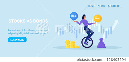 Woman balancing as acrobat on wheel, choosing between stocks and bonds. Diversify portfolio investments. Passive invest wealth accumulate. Balanced investment strategy. Finance asset allocation 128403294