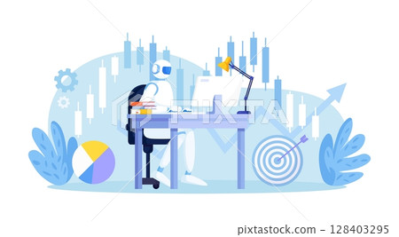 Artificial intelligence, robot trader. Trading bot analyze cryptocurrency market data, financial exchange, earning profit. AI for automation trading on stock market 128403295