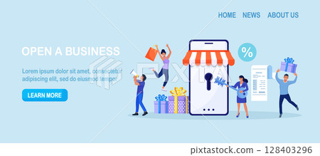 Business owner and entrepreneur start small business or retail shop. New online store, website. Woman opens the lock with a key. Opening internet store 128403296