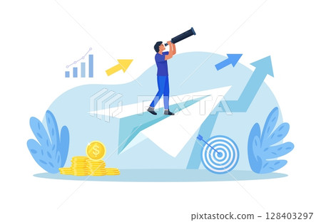Businessman flying in the sky on a paper plane and looking through binoculars. Business navigation. Leadership, business growth and development. Character looking for opportunities. Search new idea 128403297