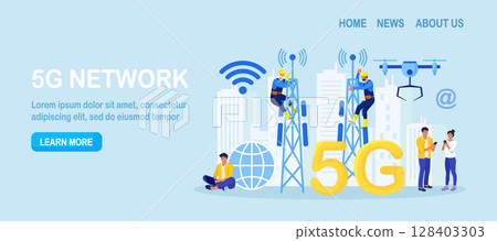 5G Network Wireless Technology. People Using New Generation Networks for Communication by Gadgets. Workers on Transmitter Tower Set Up High-speed Mobile Internet. Wireless Telecommunication Service 128403303