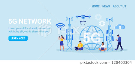 5G Network Wireless Technology. High-speed Mobile Internet. People Using New Generation Networks for Communication by Gadgets. Characters Near Big 5G Sign. Wireless Mobile Telecommunication Service 128403304