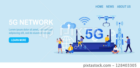5G network wireless technology to increase speed, internet connection stability. Wifi router, wireless access point. High-speed mobile Internet. People with smartphones use new generation networks 128403305