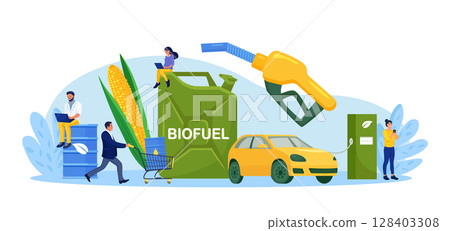 Biofuel petrol refill station with vehicles. Renewable energy source derived from organic materials. Reducing greenhouse gas emissions. Alternative green diesel. Environmental care, sustainability 128403308