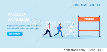 Ai robot vs man. Business competition. Robot employee competition with human. Artificial intelligence and people running competition together. Future automation. Robotic machine and worker Ai robot vs man. Business competition. Robot employee competition with human. Artificial intelligence and people running competition together. Future automation. Robotic machine and worker 128403310