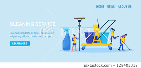 Cleaning service or company. People doing housework. Janitor in uniform washing floor. Professional hygiene service for domestic households. Sanitary chemical products for laundry, floor, toilet 128403312