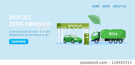 Truck delivering biofuel to petrol refill station. Renewable energy source derived from organic materials. Reducing greenhouse gas emissions 128403313