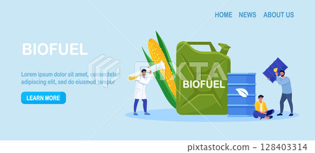 Biodiesel or biogas production green energy from corn plant. Eco friendly fuel for petrol station. People use biofuel. Scientist create fuel of natural materials.Man holding bio gasoline oil canister 128403314