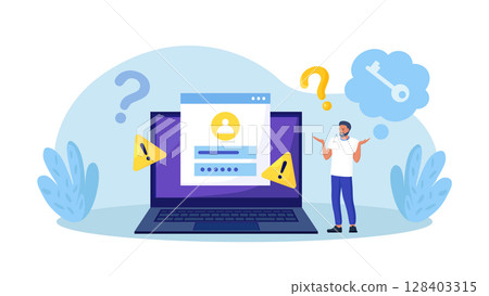 Confused man forgetting her password for web page. User assistance and password reset services. Person who forgot his personal data when he wanted to log in. Authorization and identification Confused man forgetting her password for web page. User assistance and password reset services. Person who forgot his personal data when he wanted to log in. Authorization and identification 128403315