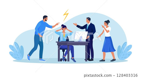 Abuse or bullying colleague. People blaming at depressed businessman. Worker sitting at desk with computer and documents hiding head. Employees point fingers and laugh. Emotional stress on work 128403316