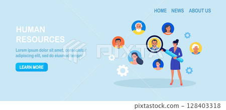 HR manager searching best candidates with magnifying glass. Job recruitment process. Finding new employee. Recruitment, hiring process. Human resources 128403318