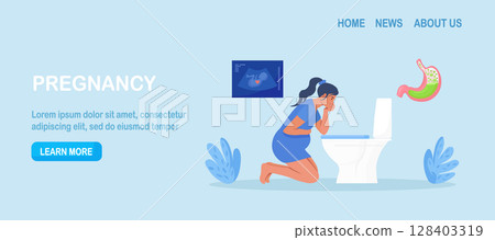 Pregnant woman suffering from nausea, vomit, morning sickness symptoms. Character stands over the toilet, holding her stomach with hand. Pregnancy symptoms, stomach ache. Digestive problem, gastritis 128403319