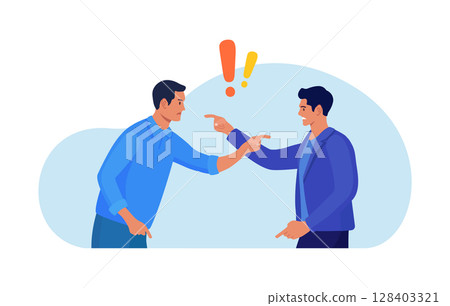 Business conflict, rivalry among colleagues. Two men arguing and fighting. Colleagues debating or misunderstanding. People quarrel and swear. Aggressive characters yell at each other 128403321