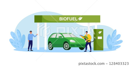 Biofuel petrol refill station with vehicles. Auto fueled with green gas. Alternative energy, Biodiesel. Environment without greenhouse gases and CO2 emissions. Driver refueling auto at biogas station 128403323