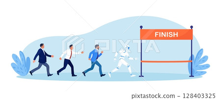 Ai robot vs man. Business competition. Robot employee competition with human. Artificial intelligence and people running competition together. Future automation. Robotic machine and worker 128403325