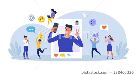 Blogger people make video blog content, channel in social media. Man in front of phone camera recording video to share it in internet. Live streaming, broadcast. Online conferencing and communication Blogger people make video blog content, channel in social media. Man in front of phone camera recording video to share it in internet. Live streaming, broadcast. Online conferencing and communication 128403326