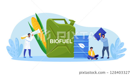 Biodiesel or biogas production green energy from corn plant. Eco friendly fuel for petrol station. People use biofuel. Scientist create fuel of natural materials.Man holding bio gasoline oil canister 128403327