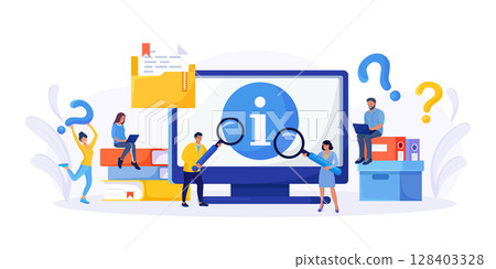 Information service, providing info. FAQ or question and answer. Users looking for information with computer with magnifier. Technical assistance guide, manual for hardware and software Information service, providing info. FAQ or question and answer. Users looking for information with computer with magnifier. Technical assistance guide, manual for hardware and software 128403328
