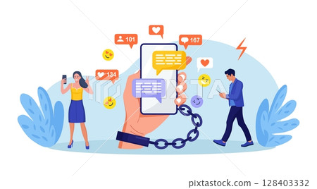 Social media addiction. People addicted to smartphones. Man, woman holding phones, surfing internet, chatting. Hand with handcuff chained with phone 128403332