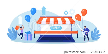 Business owner and entrepreneur start small business or retail shop. New online store, website. Businessman holding scissors in his hand cuts red ribbon Opening internet store Business owner and entrepreneur start small business or retail shop. New online store, website. Businessman holding scissors in his hand cuts red ribbon Opening internet store 128403334