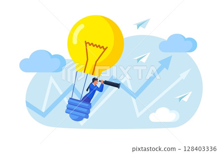 Search for new business idea, opportunity, inspiration. Businessman flying in hot air balloon as light bulb. Person using spyglass, telescope looking for vision, future. Innovation successful project 128403336