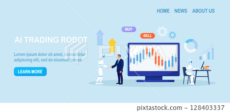 Artificial intelligence, robot trader. Trading bot analyze market data, financial exchange, earning profit. AI for automation trading on stock market. Digital currency market transactions 128403337