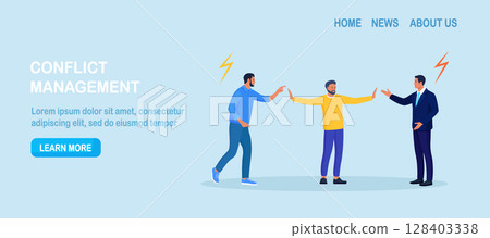 Conflict management. Man stopping conflict or fighting. Leadership skill to compromise and solving argument problem. Disagreement communication, negotiation. Business deal conversation 128403338